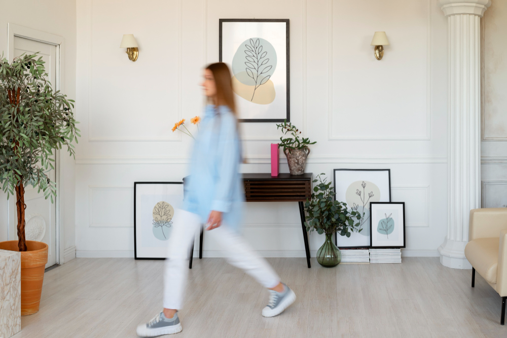 vrouw die in huis loopt