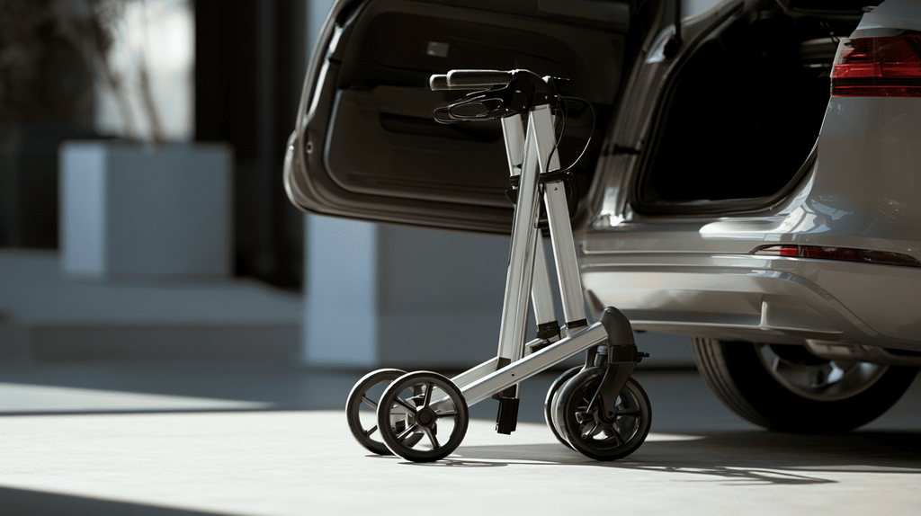 een opgevouwen rollator naast een auto